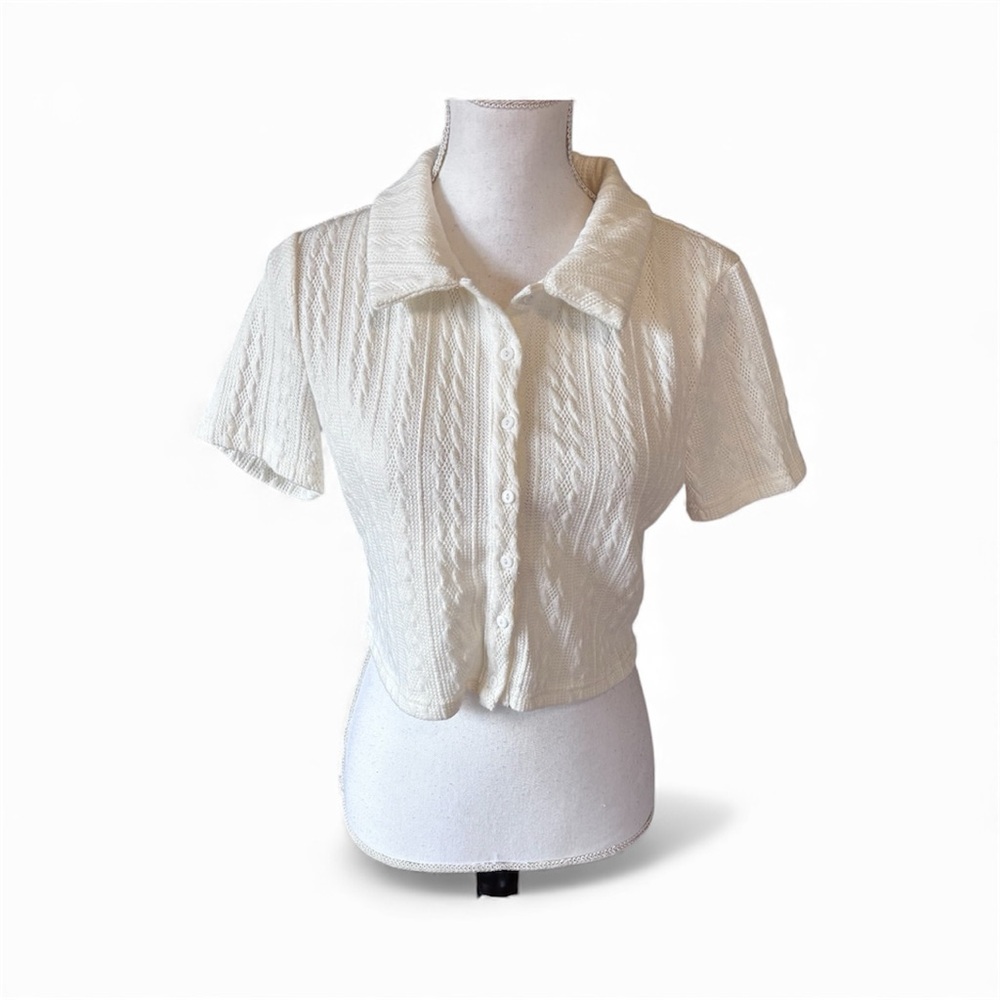 Lioness Cream Knit Button-Up Cropped Top Y2K Neutral Natural Coastal Size Medium